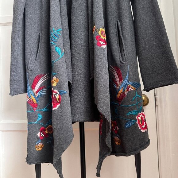 JOHNNY WAS Los Angeles Size XS Embroidered Draped Cardigan Floral Birds Gray - Picture 5 of 12